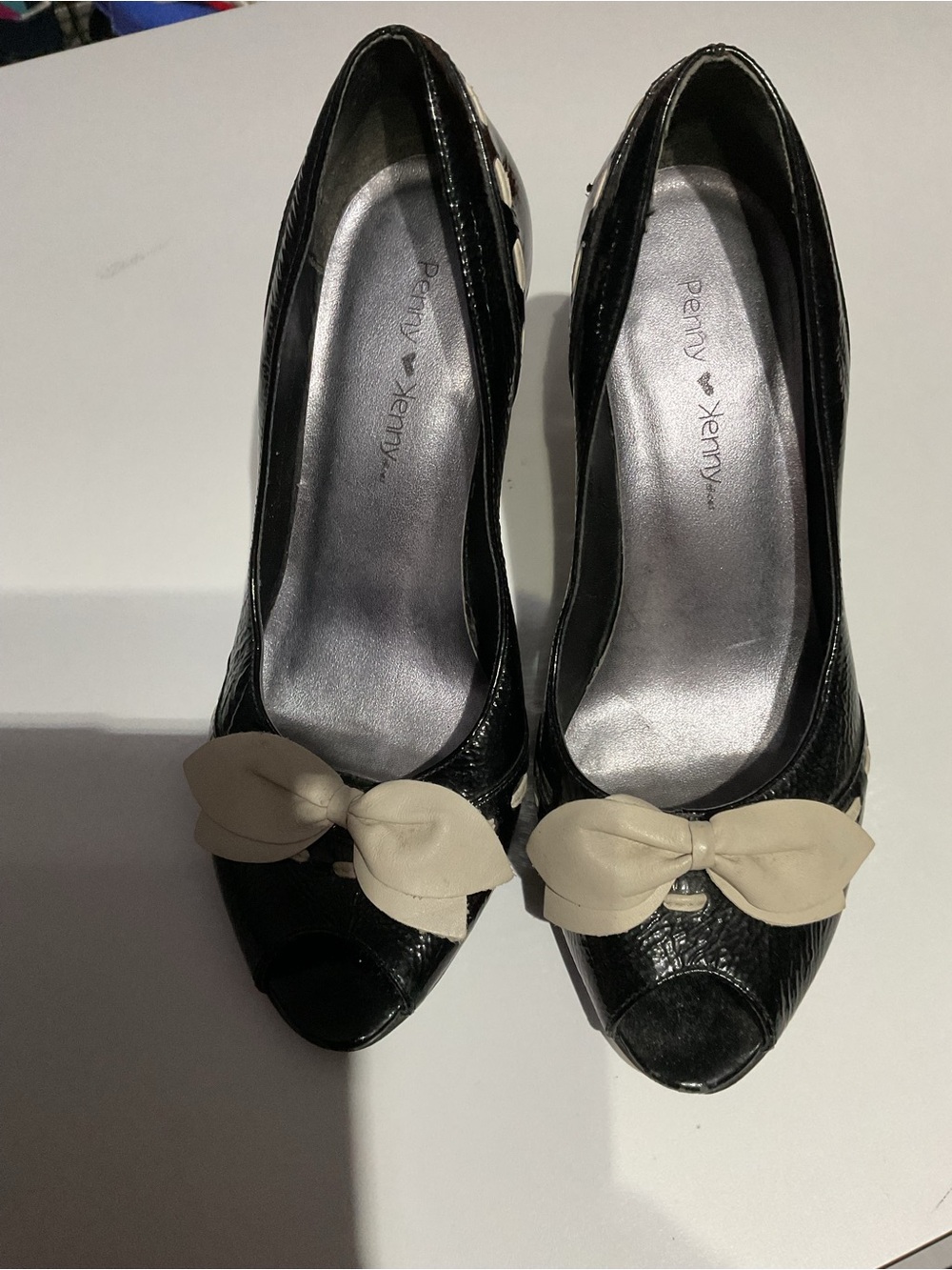 Penny loves Kenny Black Peep-Toe Heels with Cream Bow Accent
